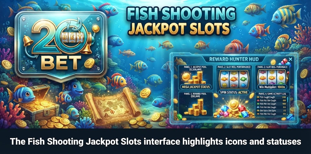 The Fish Shooting Jackpot Slots interface highlights icons and statuses
